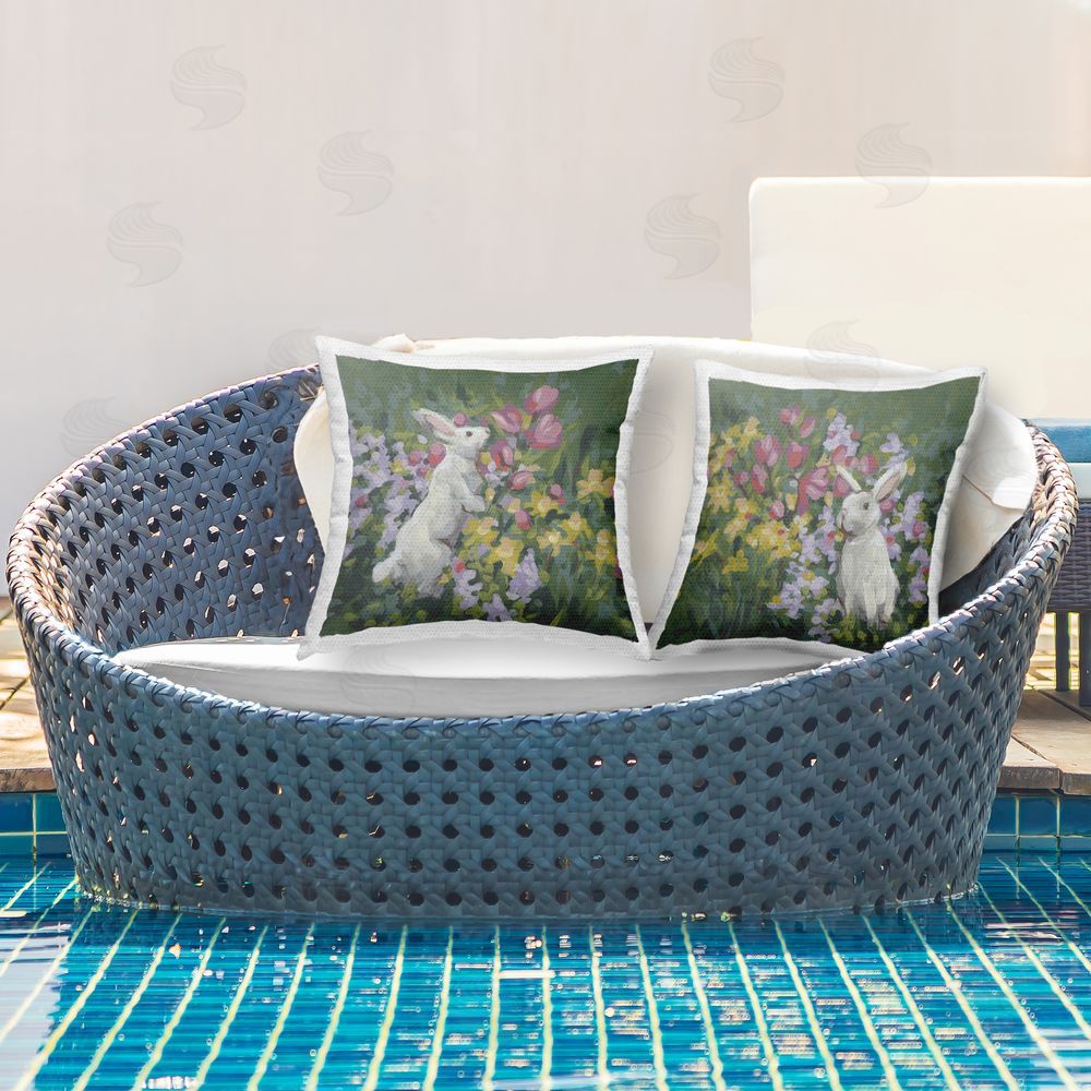 June Erica Vess Rabbits in Spring Gardens Square Outdoor Quick-Dry Polyester Throw Pillow on Seat