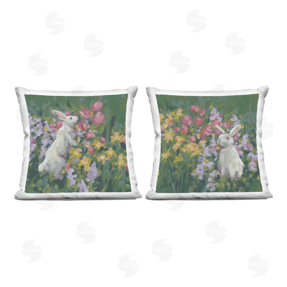 June Erica Vess Rabbits in Spring Gardens Square Plush Polyester Throw Pillow