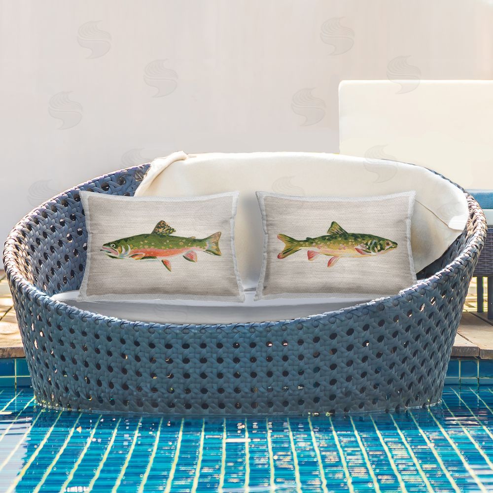 June Erica Vess Rustic Trout Fish Pair Outdoor Quick-Dry Polyester Printed Lumbar Pillow Set on Patio