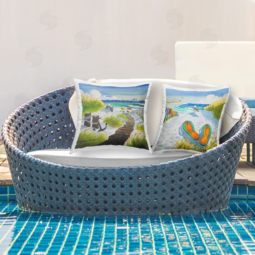 Robin Altman Boardwalk Through Beach Scenery Outdoor Square Printed Throw Pillow on Seat