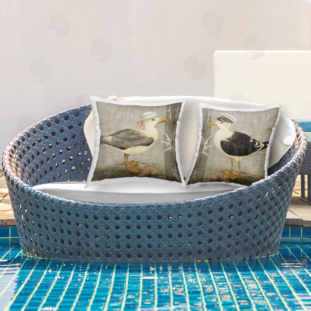 Suzanne Nicoll Little Seagulls with Hats Outdoor Quick-Dry Polyester Printed Square Pillow Set on Patio