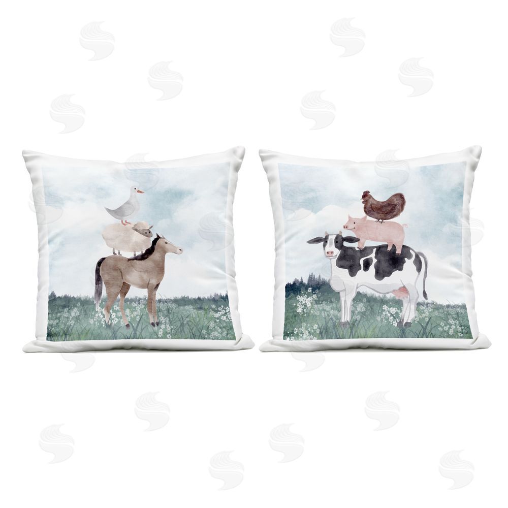Kim Allen Stacked Animals Blue Sky Farm Outdoor Quick-Dry Polyester Square Throw Pillow