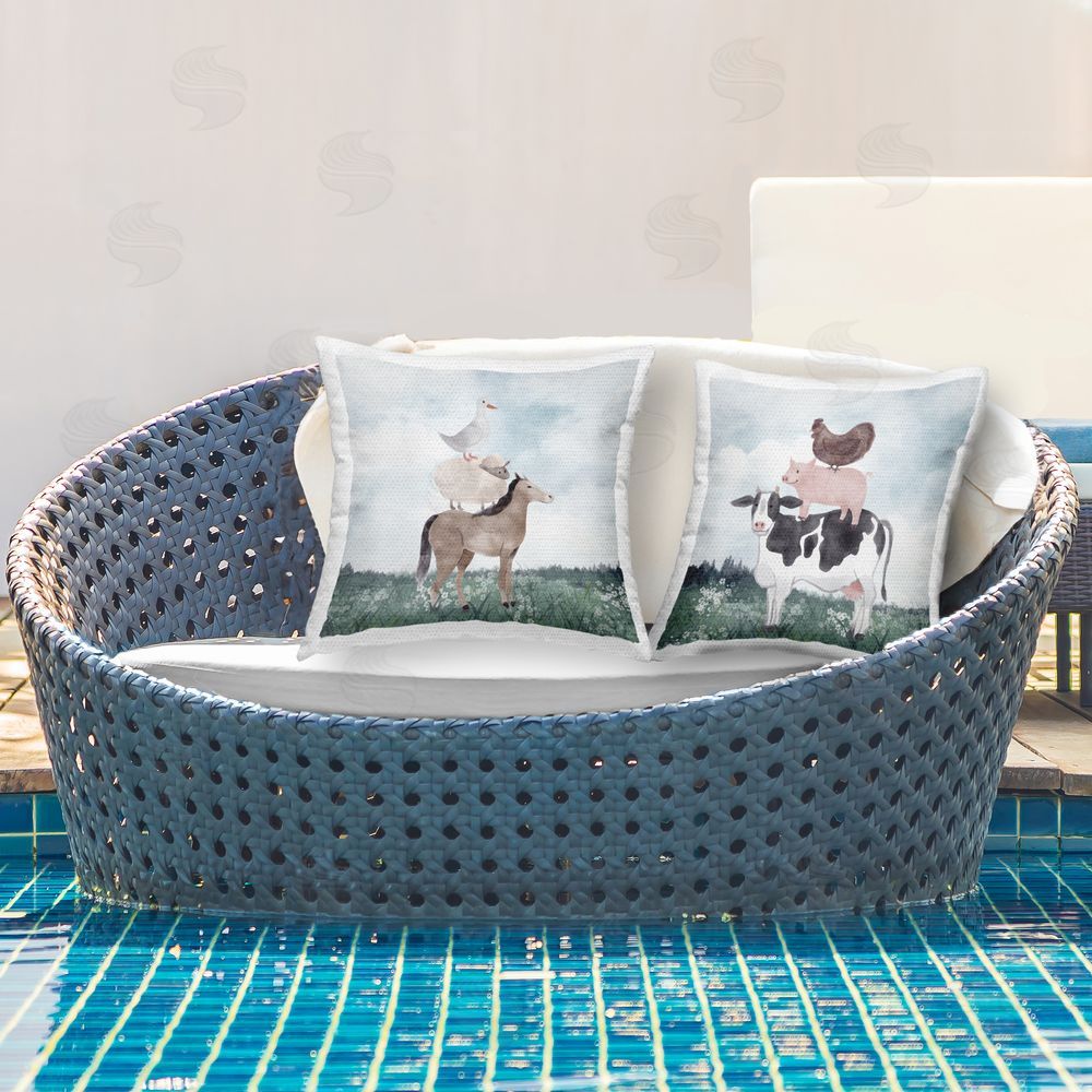 Kim Allen Stacked Animals Blue Sky Farm Outdoor Quick-Dry Polyester Printed Square Pillow Set on Patio