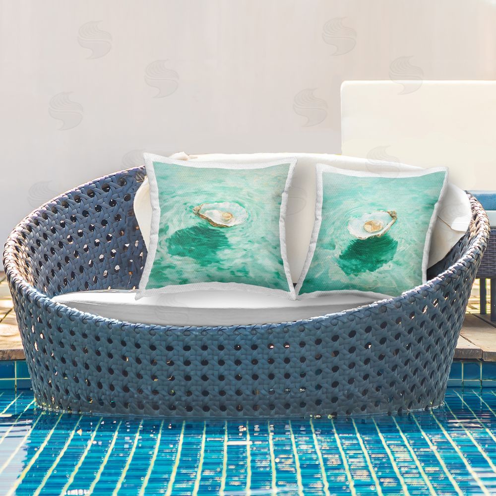 Melissa Wang Floating Pearl in Turquoise Waters Outdoor Quick-Dry Polyester Printed Square Pillow Set on Patio