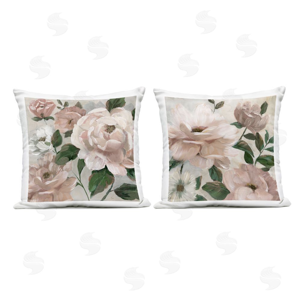 Nan Elegant Blush Peonies & Leaves Outdoor Quick-Dry Polyester Square Throw Pillow