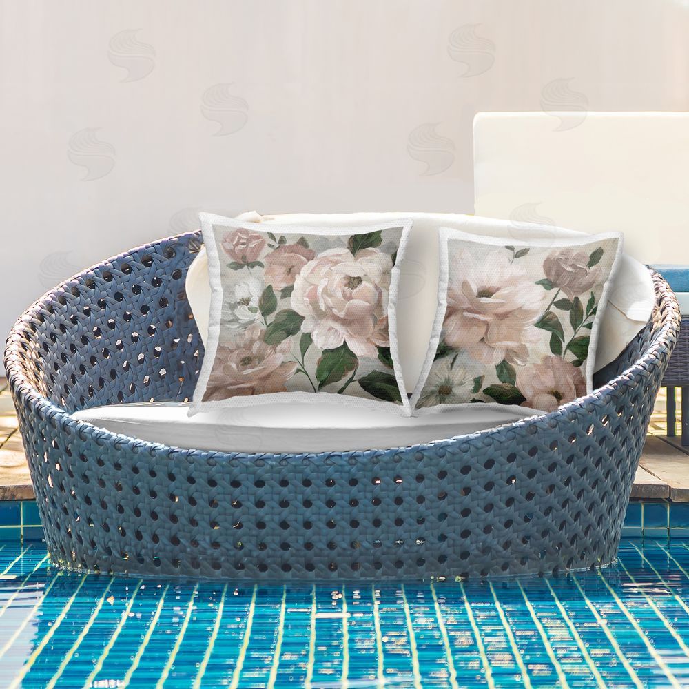 Nan Elegant Blush Peonies & Leaves Outdoor Quick-Dry Polyester Printed Square Pillow Set on Patio