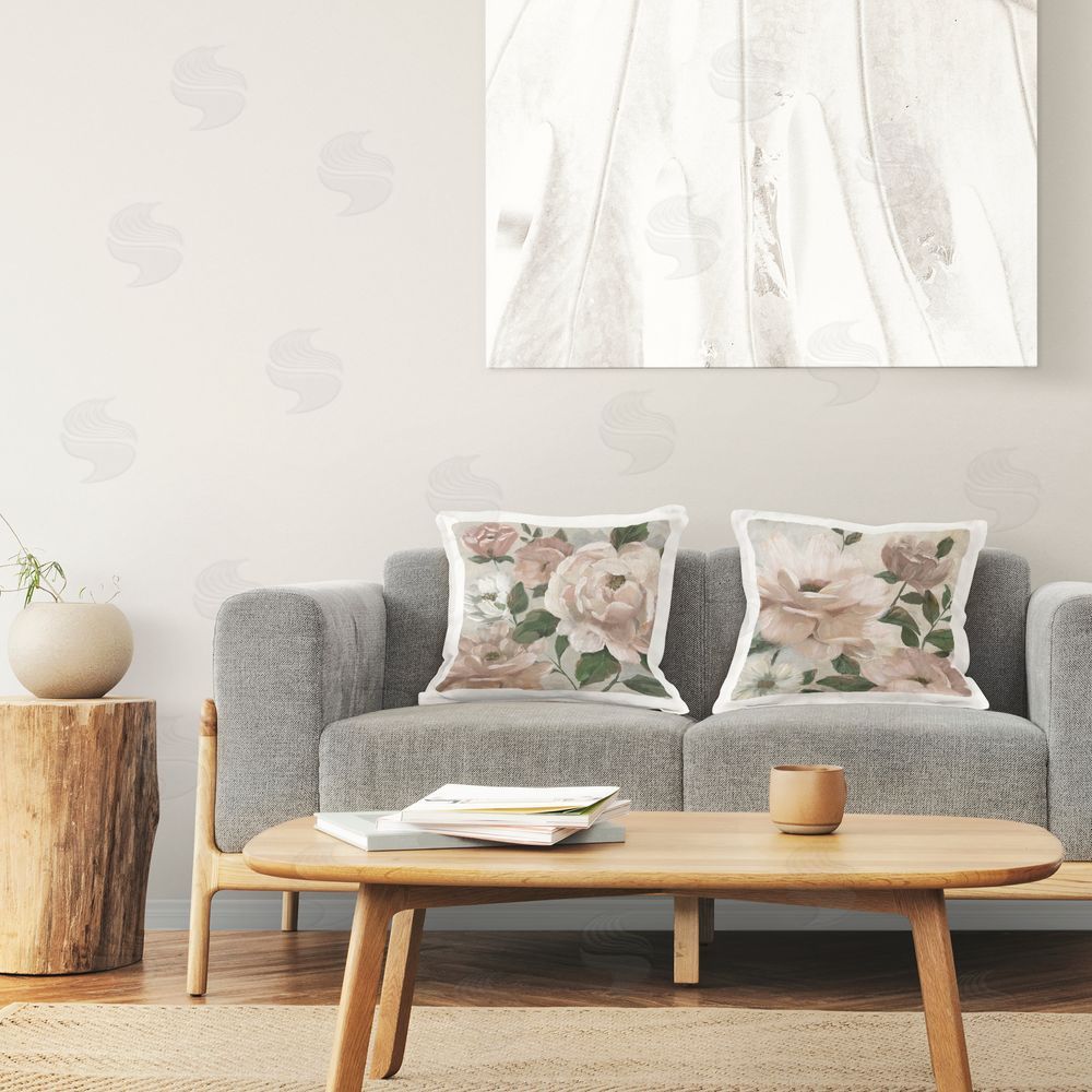 Nan Elegant Blush Peonies & Leaves Plush Polyester Printed Square Pillow Set in Room
