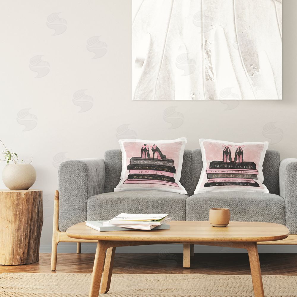 Natalie Carpentieri Pink Heels Atop Books Plush Polyester Printed Square Pillow Set in Room