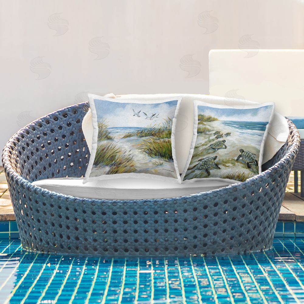 Susan Winget Beach Creatures on Dunes Outdoor Quick-Dry Polyester Printed Square Pillow Set on Patio