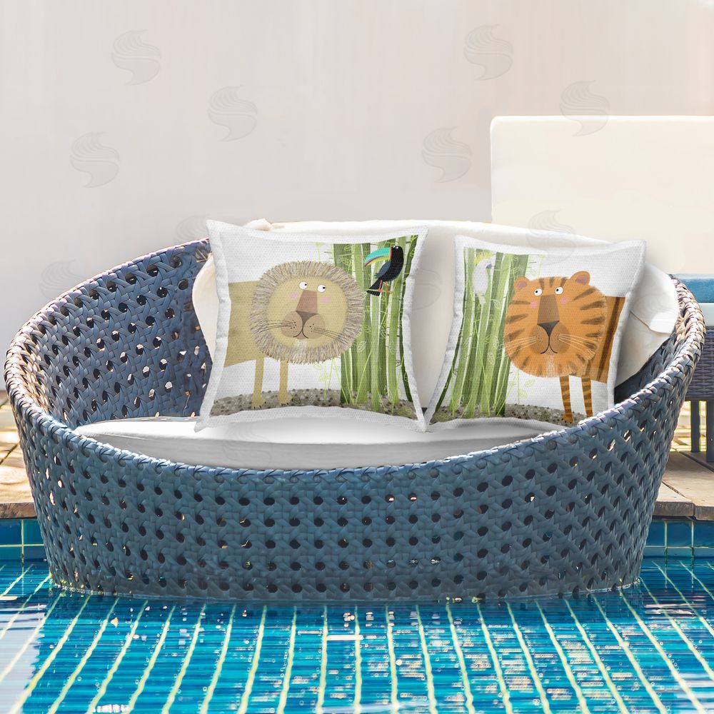 Carla Daly Bamboo Trees & Animals Outdoor Quick-Dry Polyester Printed Square Pillow Set on Patio