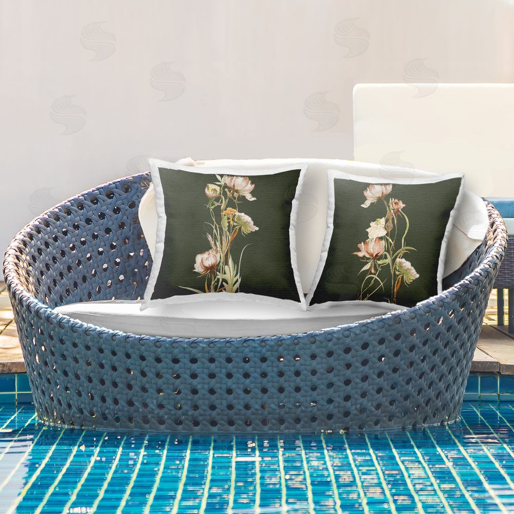 Liz Jardine Botanical Branch over Olive Outdoor Quick-Dry Polyester Printed Square Pillow Set on Patio