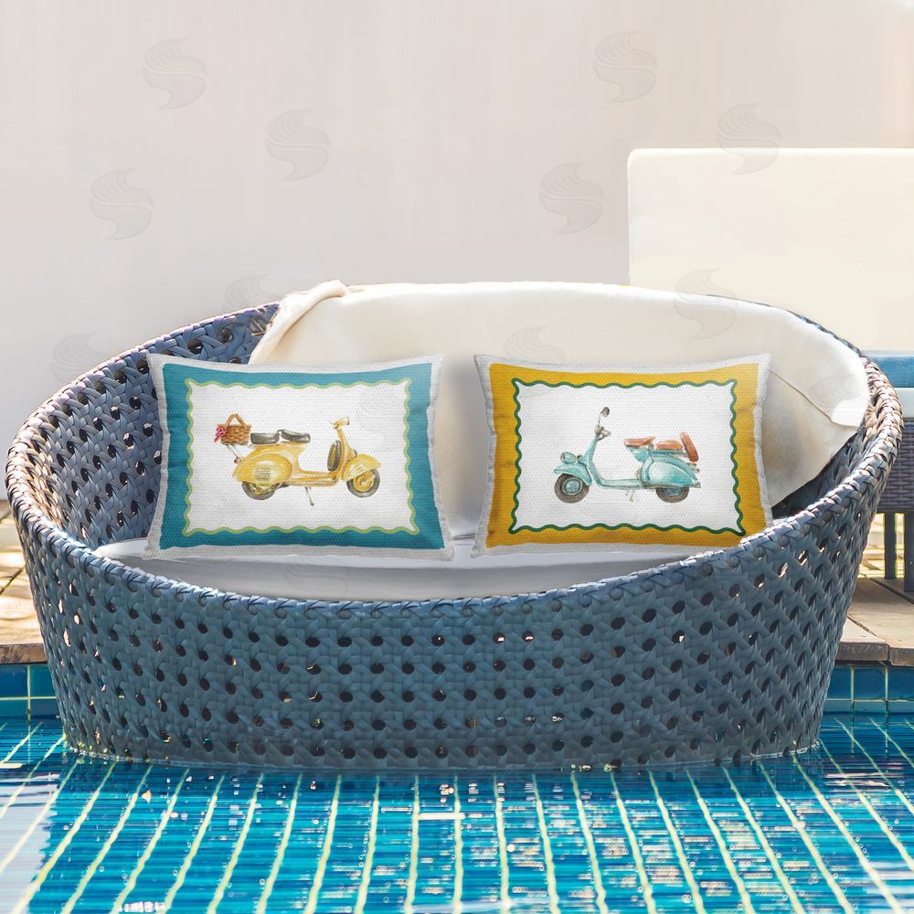 Lanie Loreth Retro Scooters with Wavy Borders Outdoor Quick-Dry Polyester Printed Lumbar Pillow Set on Patio