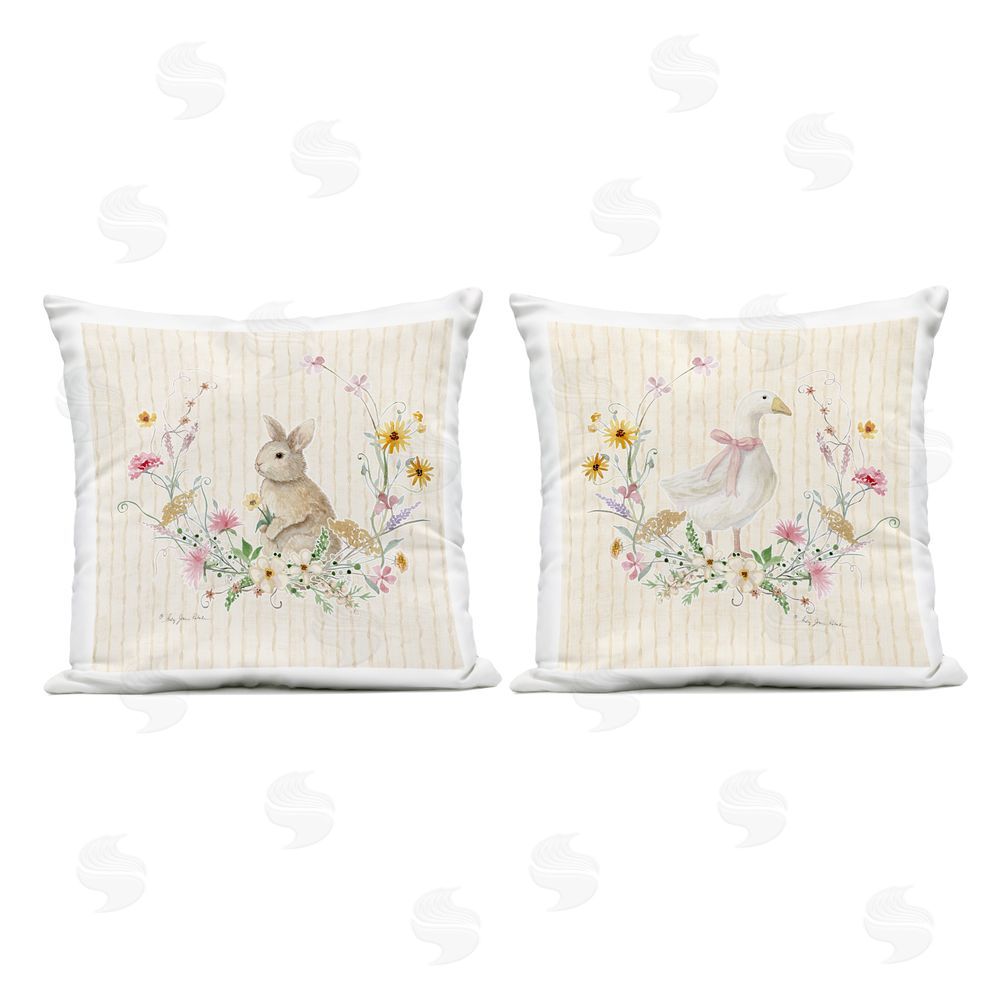 Audrey Jeanne Roberts Bunny & Goose over Yellow Stripes Outdoor Quick-Dry Polyester Square Throw Pillow