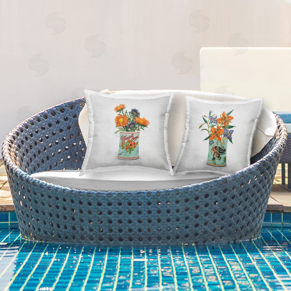 Val Rhodes Nostalgic Marigold & Lily Bouquets Outdoor Square Printed Throw Pillow on Seat
