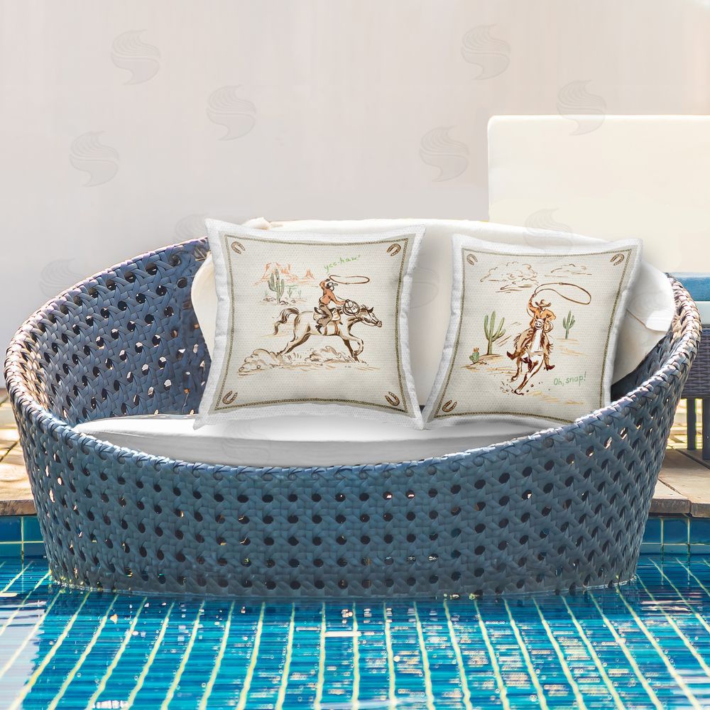 Erin Makai Cowboys & Lassos Phrases Outdoor Quick-Dry Polyester Printed Square Pillow Set on Patio