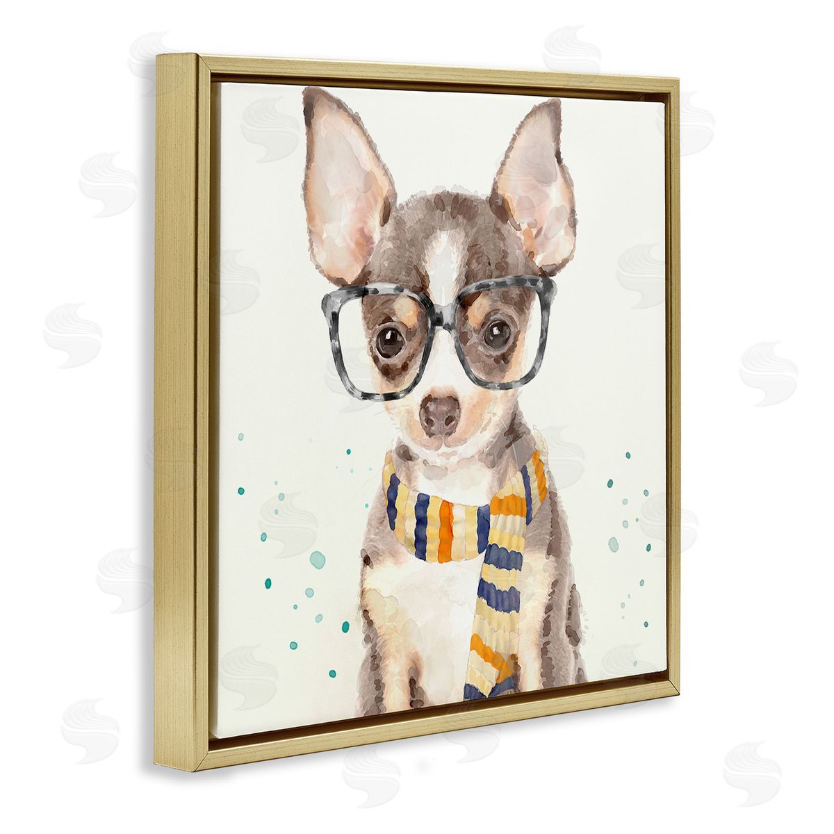 Hipster Chihuahua Puppy Watercolor Gold Floating Frame Canvas Wall Art, Home Decor by Main Line Art & Design