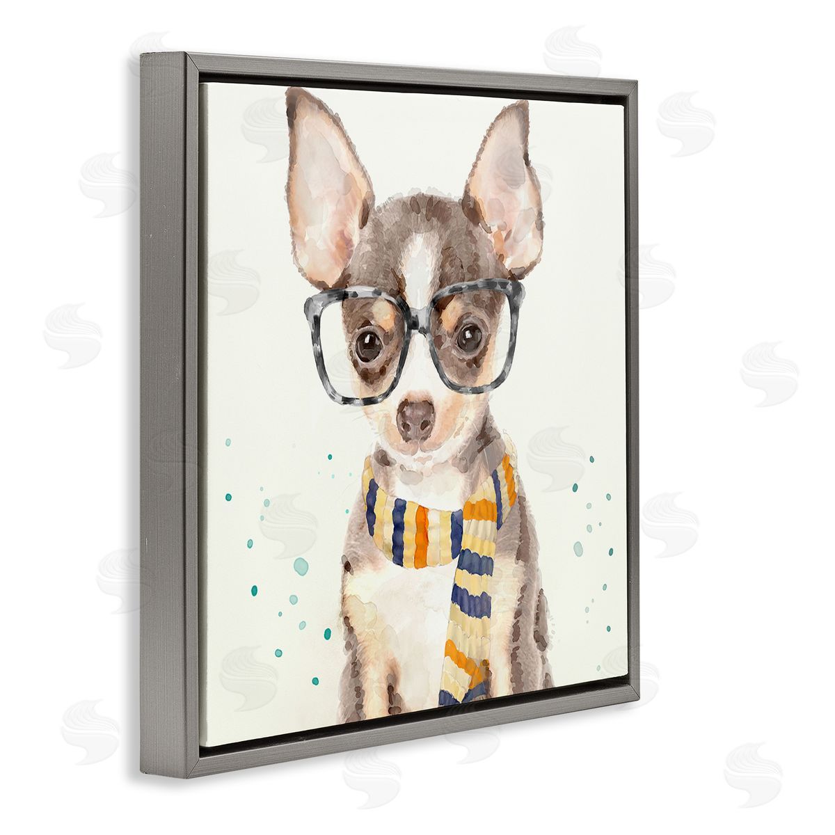 Hipster Chihuahua Puppy Watercolor Grey Floating Frame Canvas Wall Art, Home Decor by Main Line Art & Design