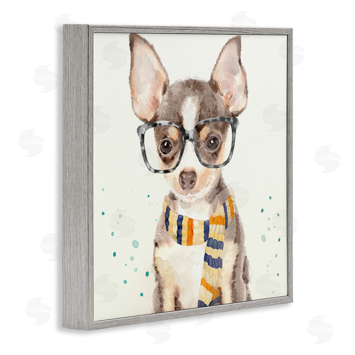 Hipster Chihuahua Puppy Watercolor Grey Frame Print Wall Art, Home Decor by Main Line Art & Design