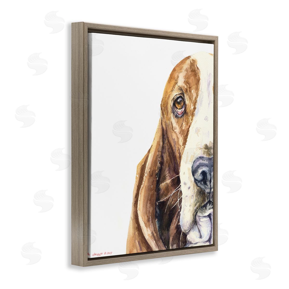 Cute Basset Hound Pet Watercolor Brown Floating Frame Canvas Wall Art, Home Decor by George Dyachenko
