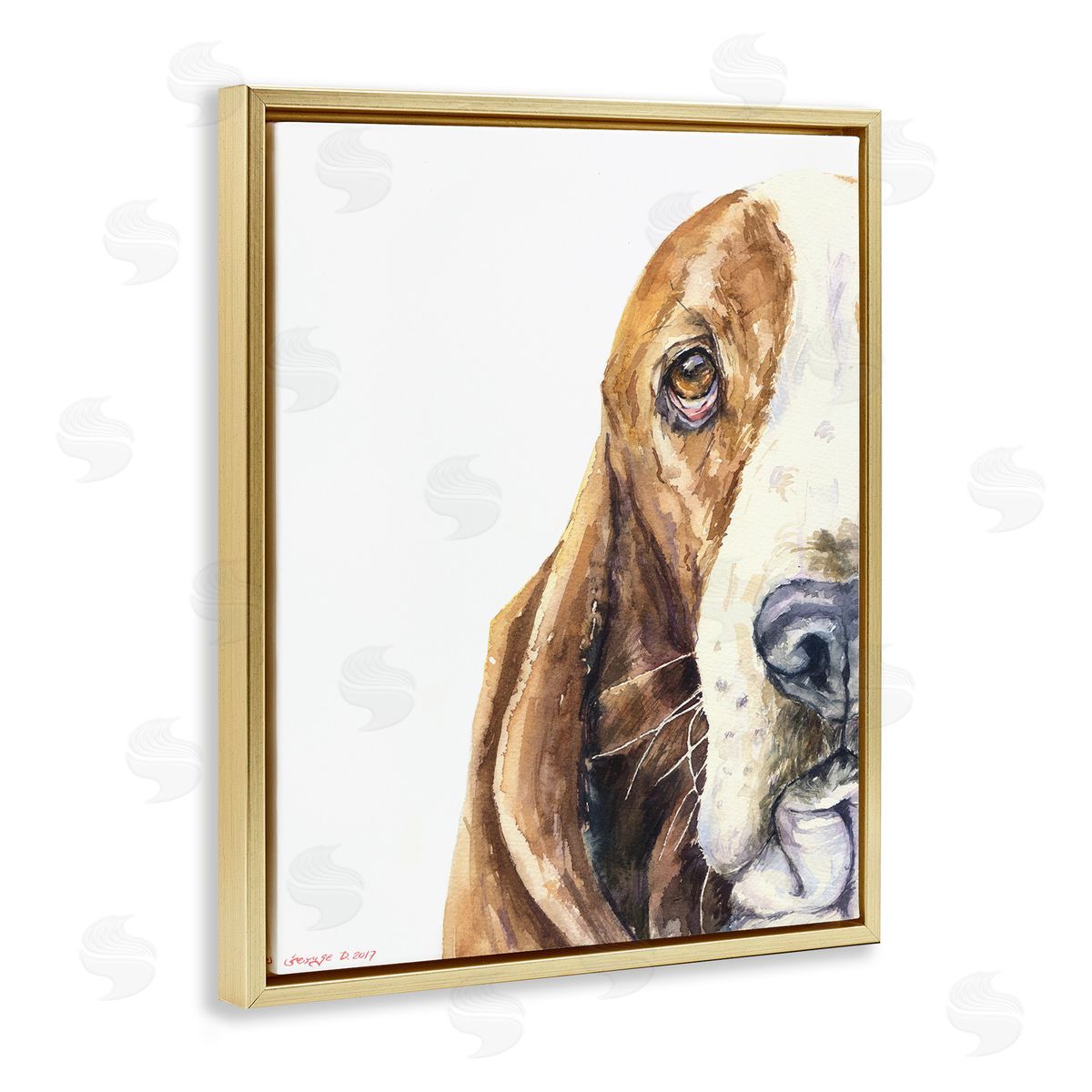 Cute Basset Hound Pet Watercolor Gold Floating Frame Canvas Wall Art, Home Decor by George Dyachenko