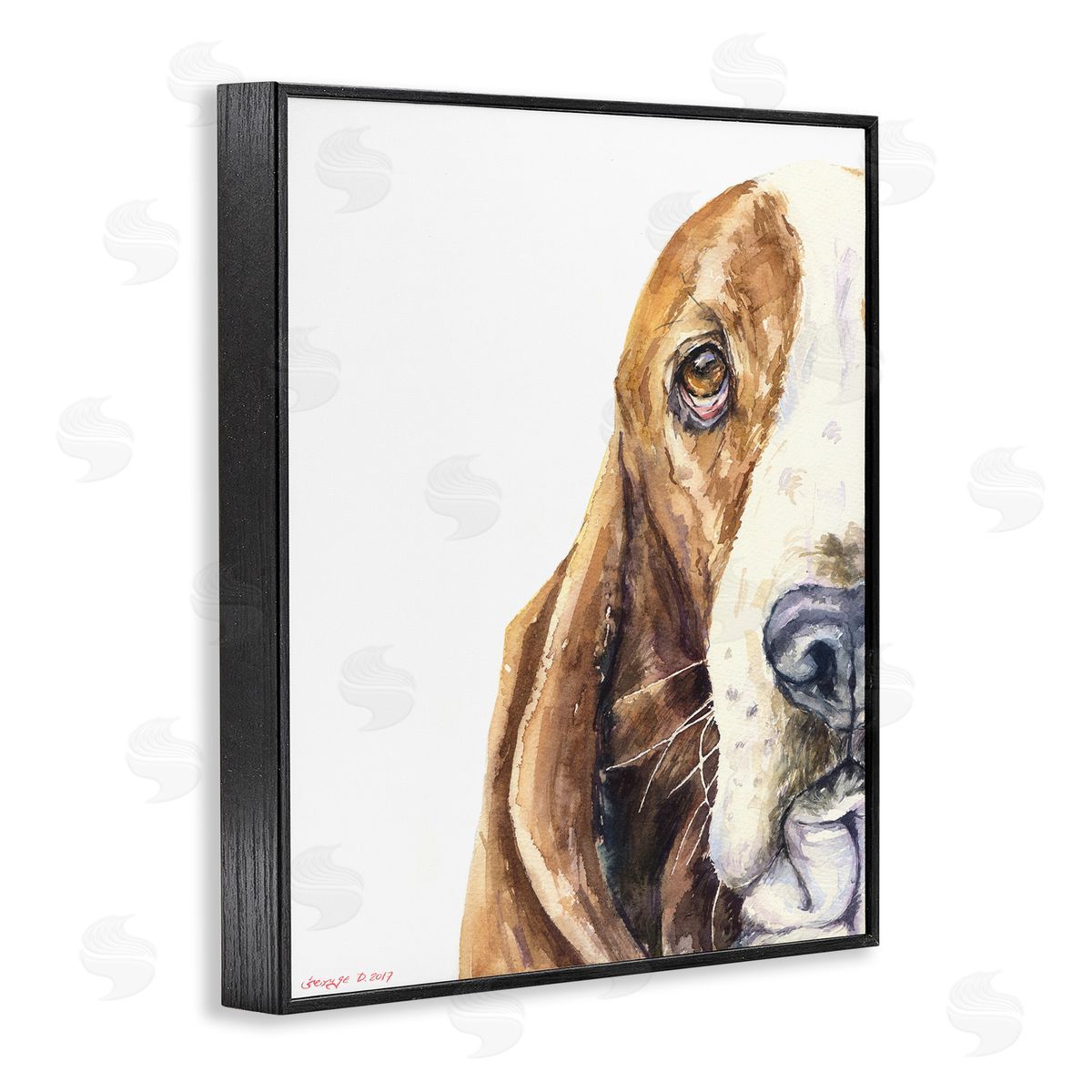 Cute Basset Hound Pet Watercolor Black Frame Print Wall Art, Home Decor by George Dyachenko
