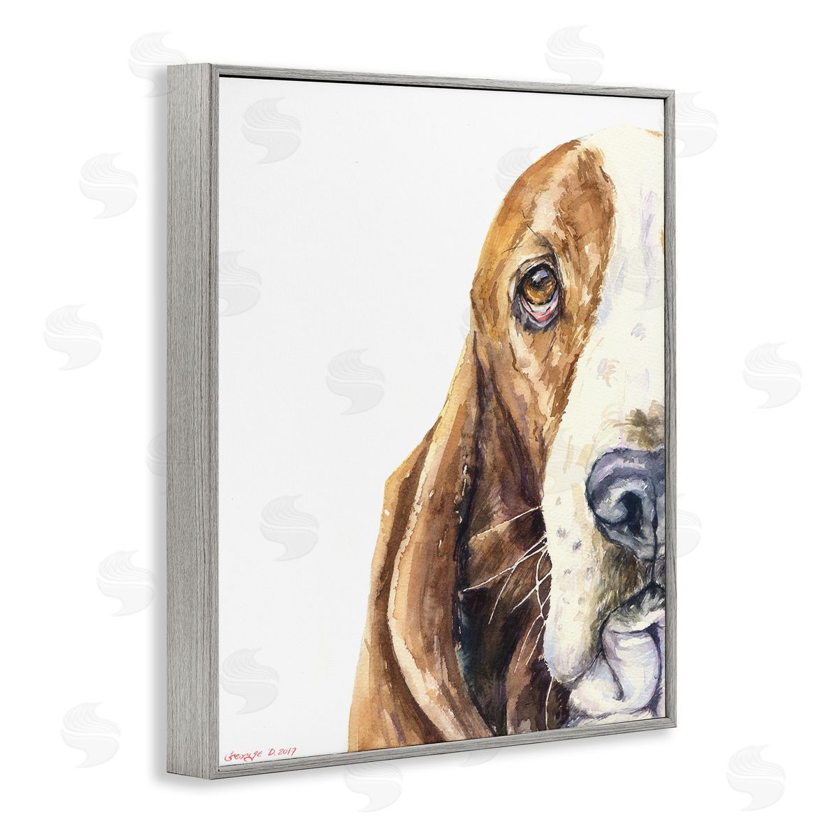 Cute Basset Hound Pet Watercolor Grey Frame Print Wall Art, Home Decor by George Dyachenko