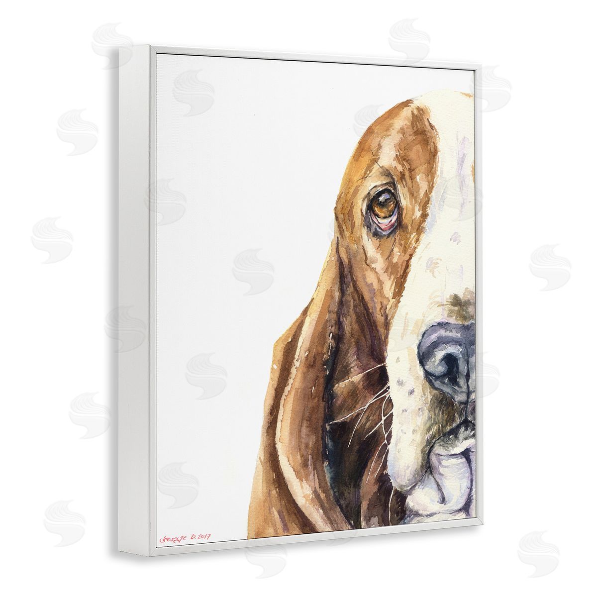 Cute Basset Hound Pet Watercolor White Frame Print Wall Art, Home Decor by George Dyachenko