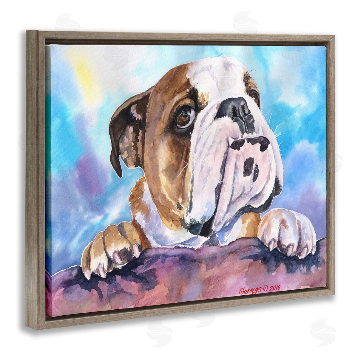 English Bulldog Dog Pet Watercolor Brown Floating Frame Canvas Wall Art, Home Decor by George Dyachenko