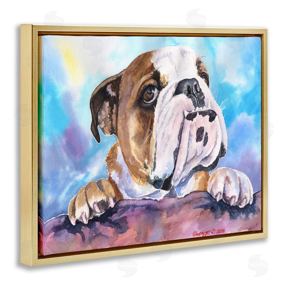 English Bulldog Dog Pet Watercolor Gold Floating Frame Canvas Wall Art, Home Decor by George Dyachenko