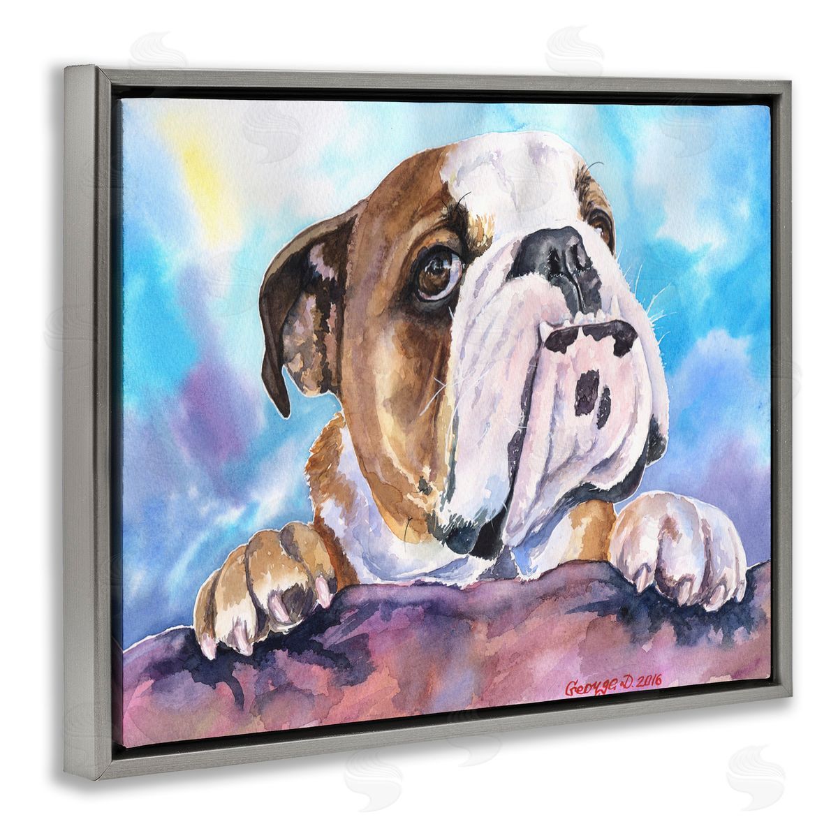 English Bulldog Dog Pet Watercolor Grey Floating Frame Canvas Wall Art, Home Decor by George Dyachenko