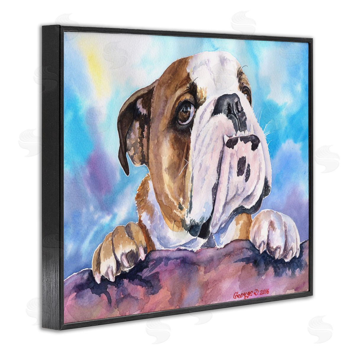 English Bulldog Dog Pet Watercolor Black Frame Print Wall Art, Home Decor by George Dyachenko