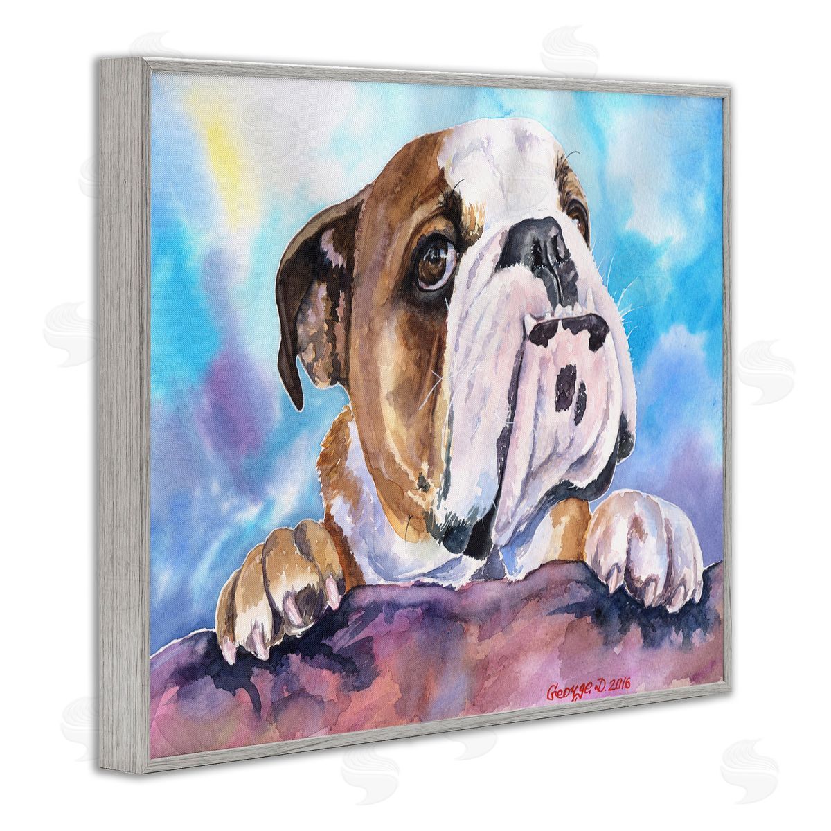 English Bulldog Dog Pet Watercolor Grey Frame Print Wall Art, Home Decor by George Dyachenko