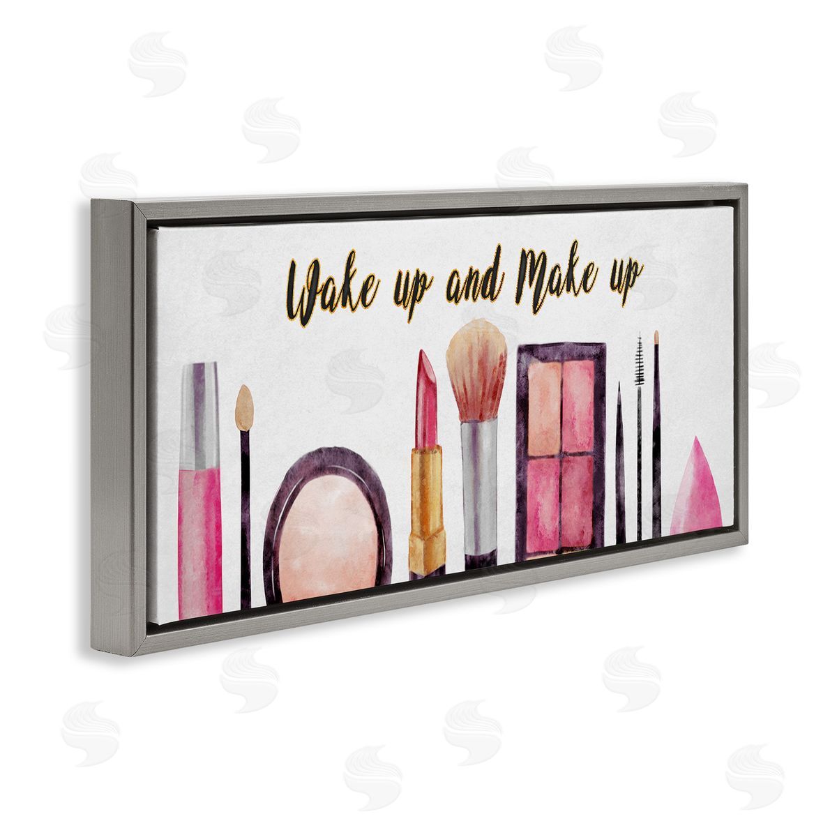 Wake Up Make Up Watercolor Grey Floating Frame Canvas Wall Art, Home Decor by Ziwei Li