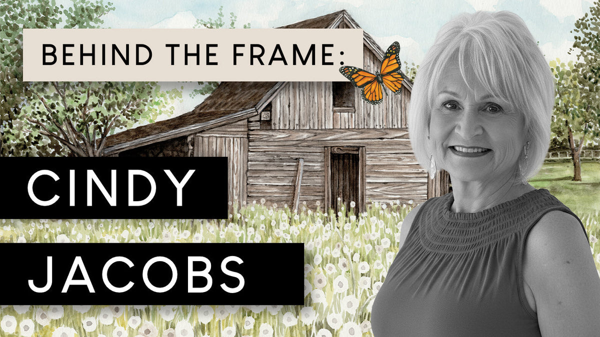 Behind the Frame feature graphic for artist Cindy Jacobs with her portrait, a watercolor barn and wildflower field, and an orange butterfly.