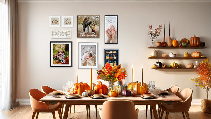 A grateful dining room styled for Thanksgiving, featuring warm amber and cream tones, cozy layered textures, and a gallery wall of family-inspired art celebrating gratitude and togetherness.