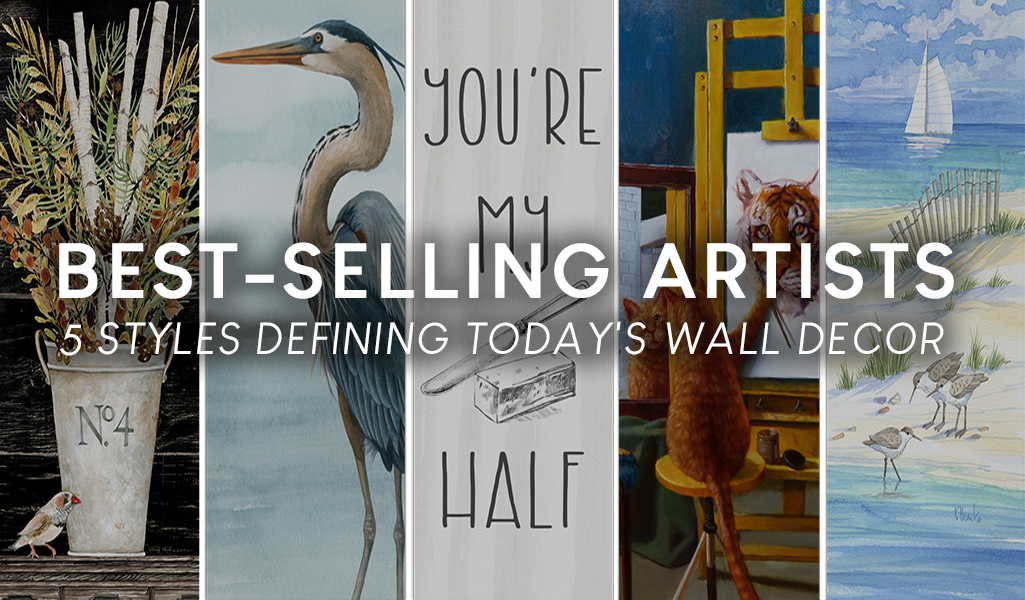   Split panel collage featuring bestselling wall art artists with coastal heron, typography sign, cat painting, beach scene and botanical artwork.
