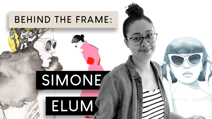 Behind the Frame feature graphic showcasing Simone Elum alongside her expressive figurative artwork and bold fashion-inspired silhouettes.