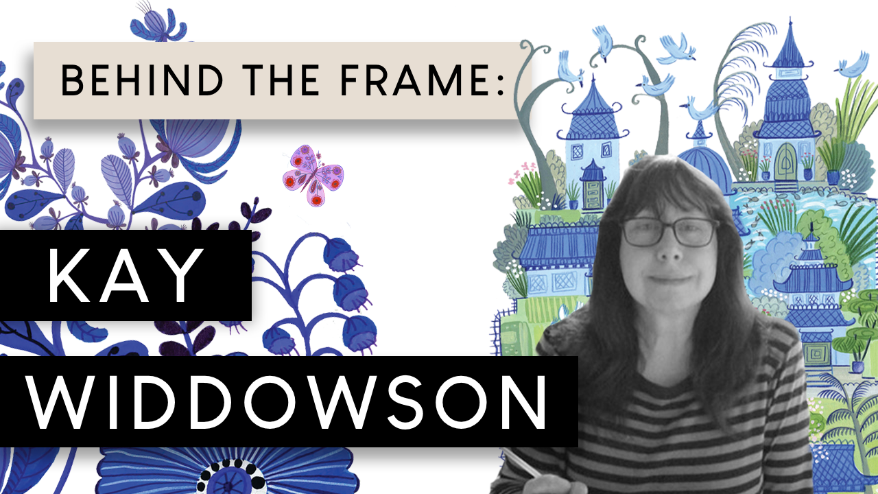 Behind the Frame blog header featuring artist Kay Widdowson portrait with blue botanical illustrations and stylized village artwork background.