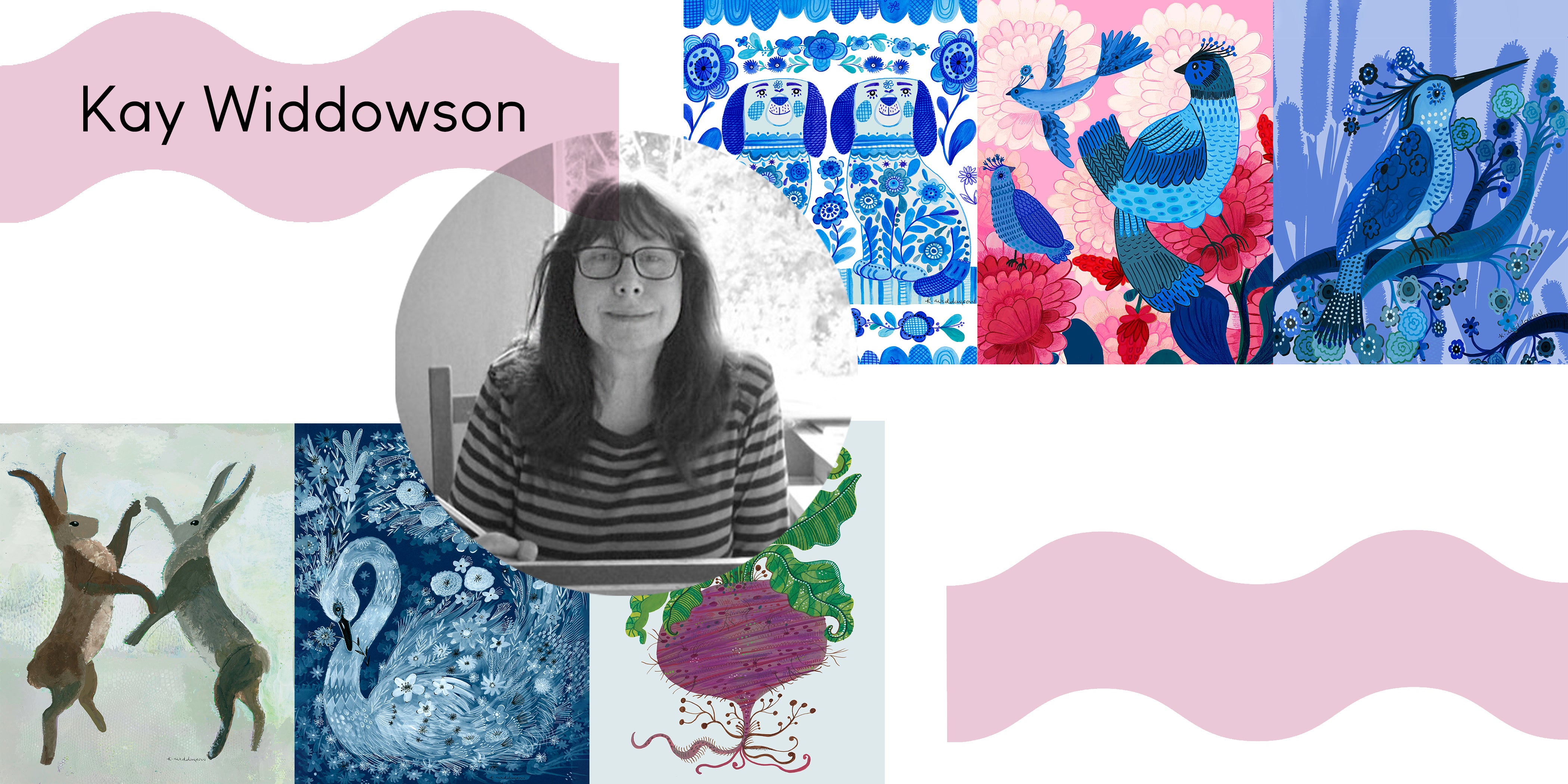 Collage of artistic illustrations with a central portrait of Kay Widdowson.