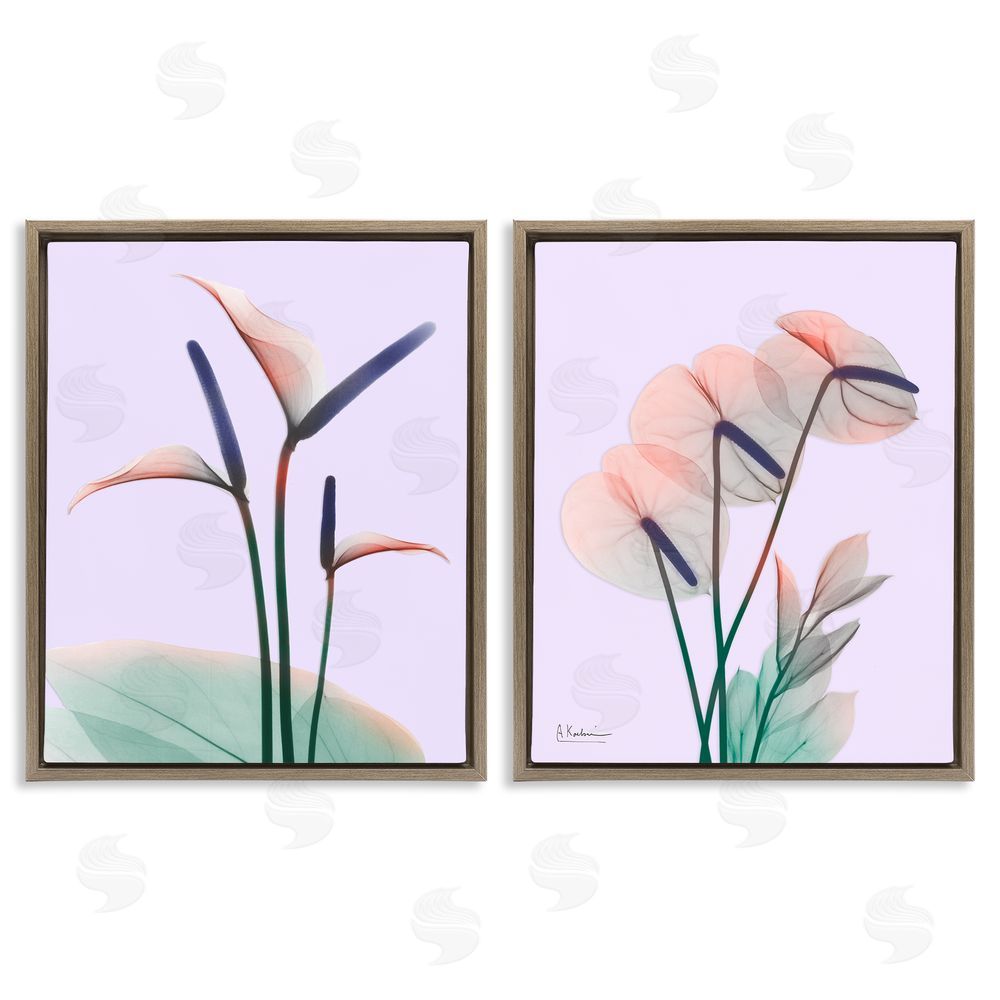 Albert Koetsier Neon Reeds Purple Green Flower Design Brown Floating Frame Canvas Wall Art Print