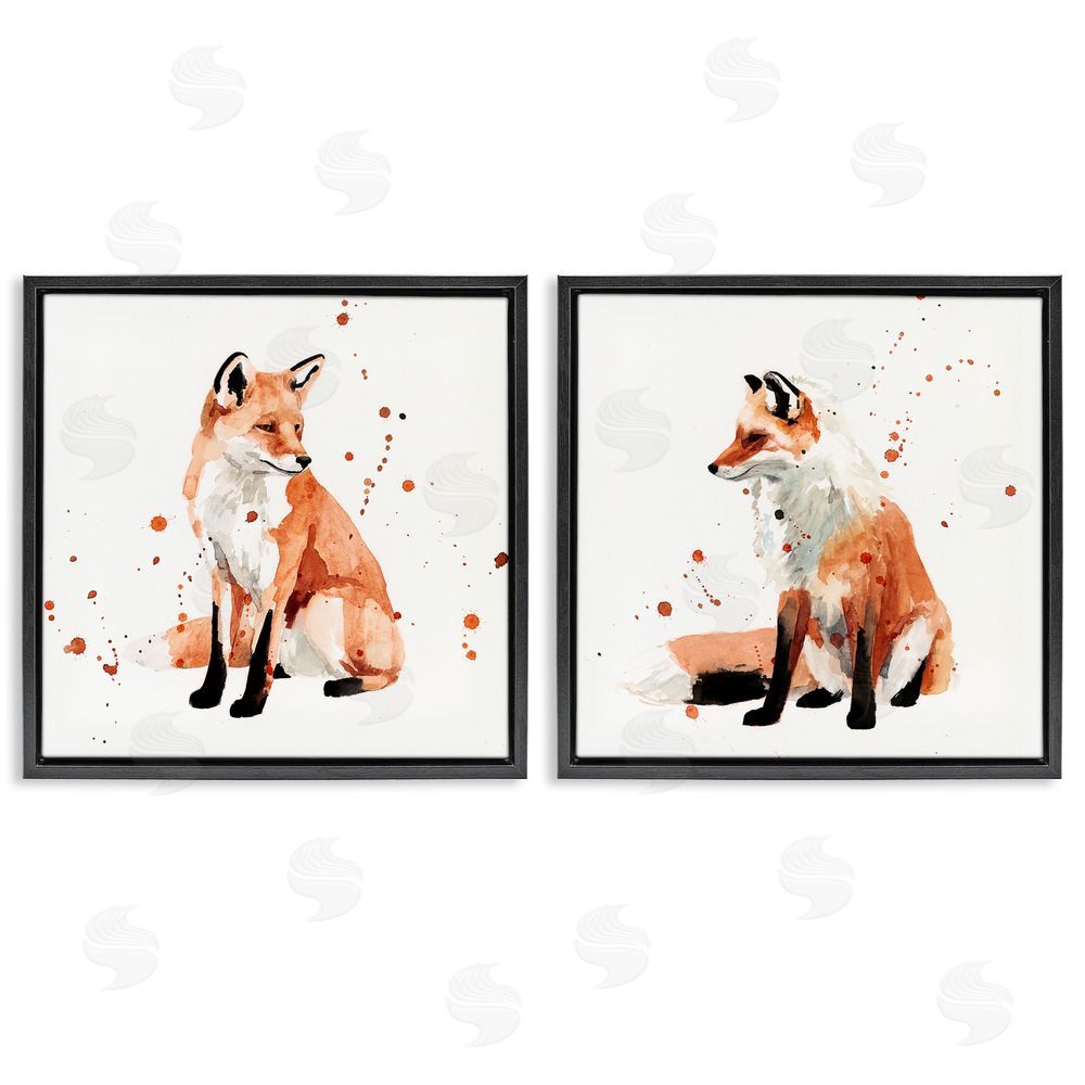 Victoria Borges Sitting Fox Orange Watercolors Black Floating Frame Canvas Wall Art Print
