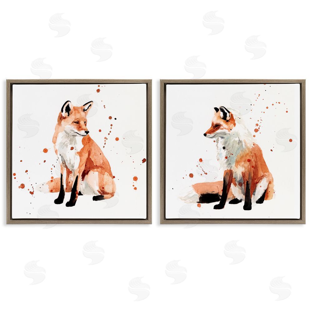 Victoria Borges Sitting Fox Orange Watercolors Brown Floating Frame Canvas Wall Art Print