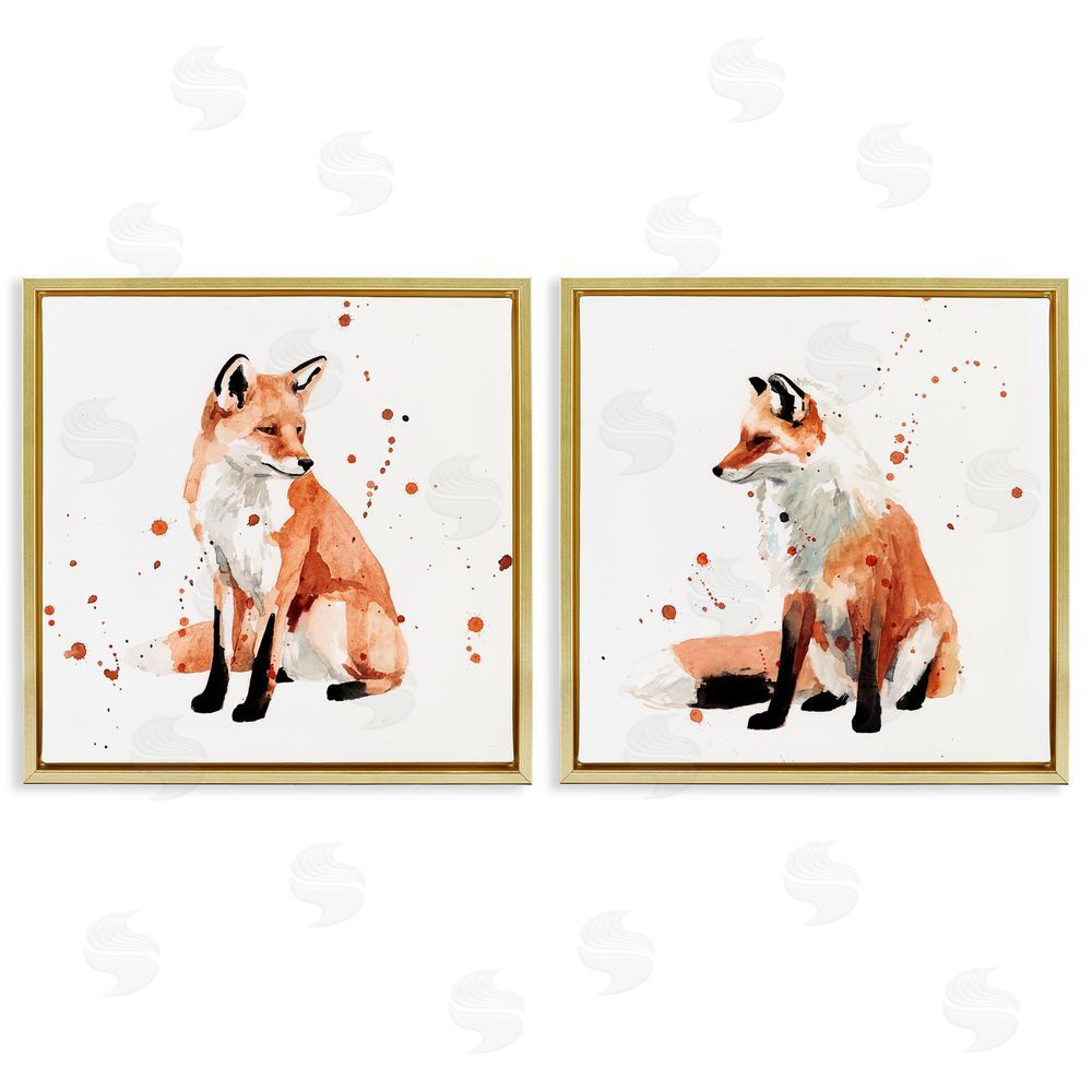 Victoria Borges Sitting Fox Orange Watercolors Gold Floating Frame Canvas Wall Art Print