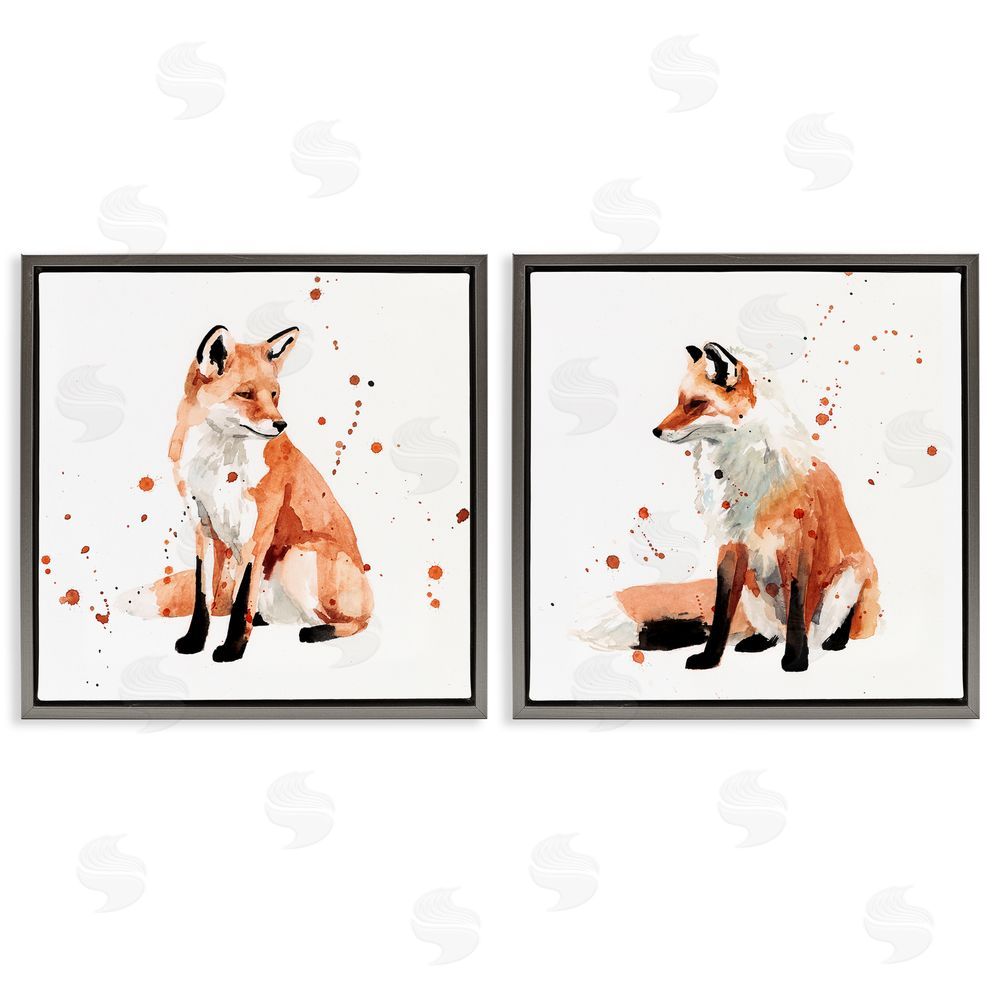 Victoria Borges Sitting Fox Orange Watercolors Gray Floating Frame Canvas Wall Art Print