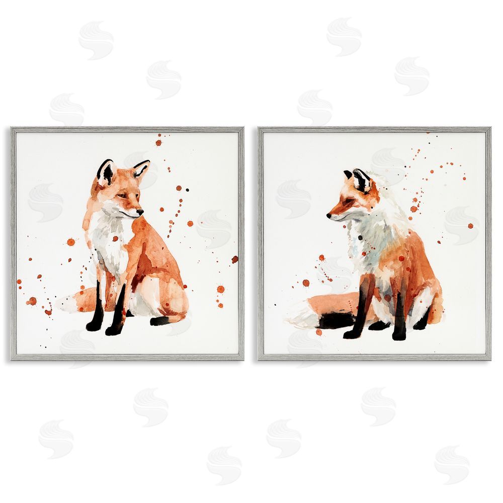 Victoria Borges Sitting Fox Orange Watercolors Gray Framed Giclee Wall Art Print