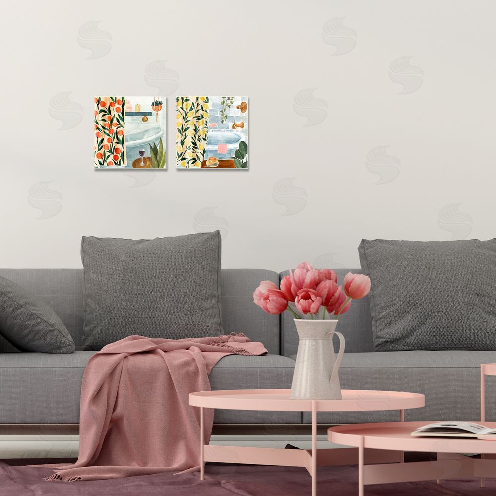 Annie Warren Bathroom Tub And Curtains Interiors Canvas Wall Art Print in Room
