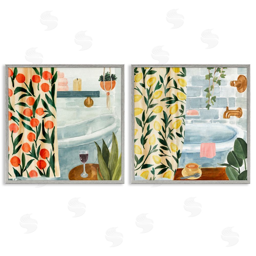 Annie Warren Bathroom Tub And Curtains Interiors Gray Framed Giclee Wall Art Print