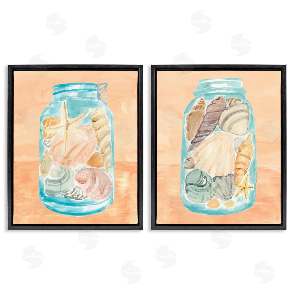 Annie Warren Beach Shells In Jar Painting Black Floating Frame Canvas Wall Art Print