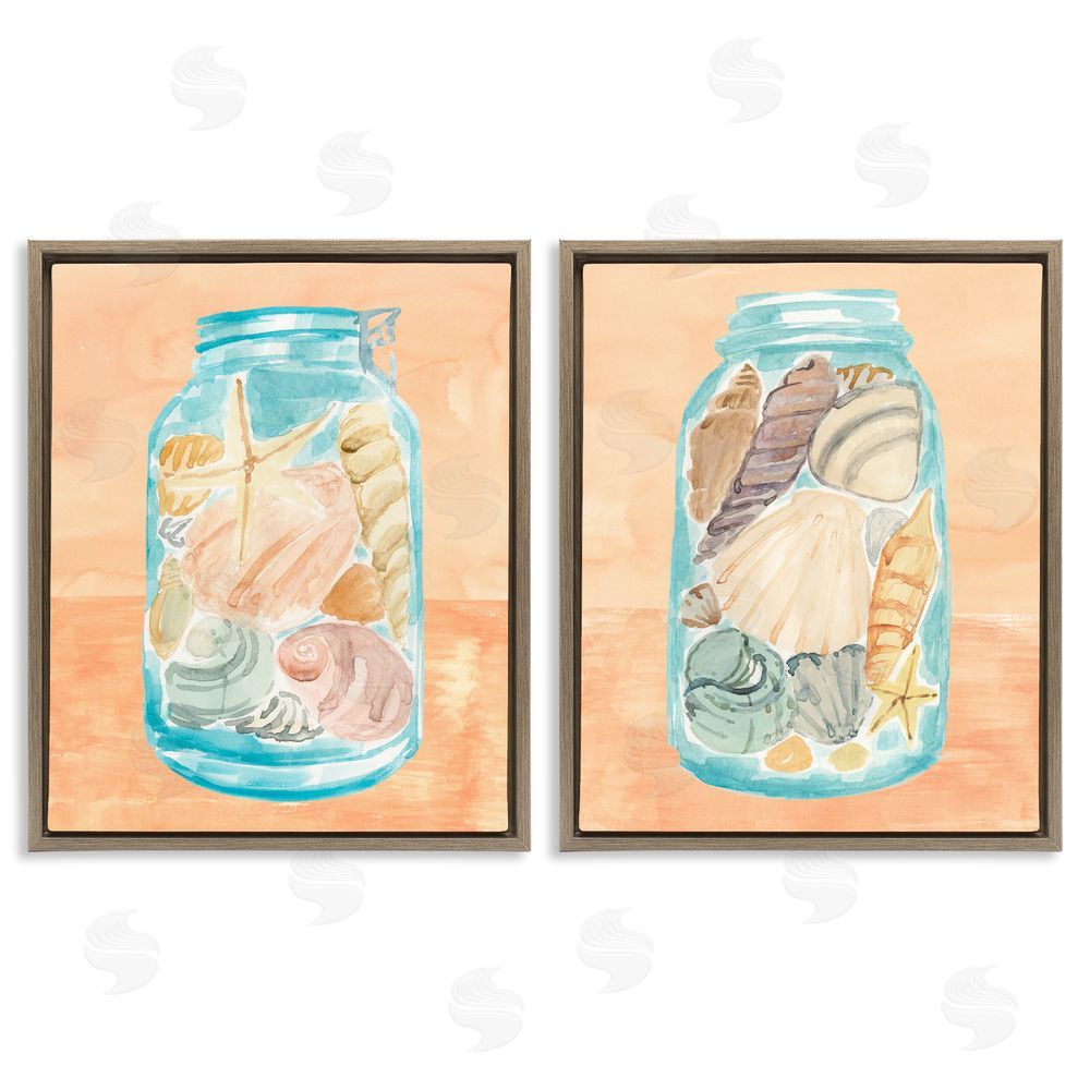 Annie Warren Beach Shells In Jar Painting Brown Floating Frame Canvas Wall Art Print