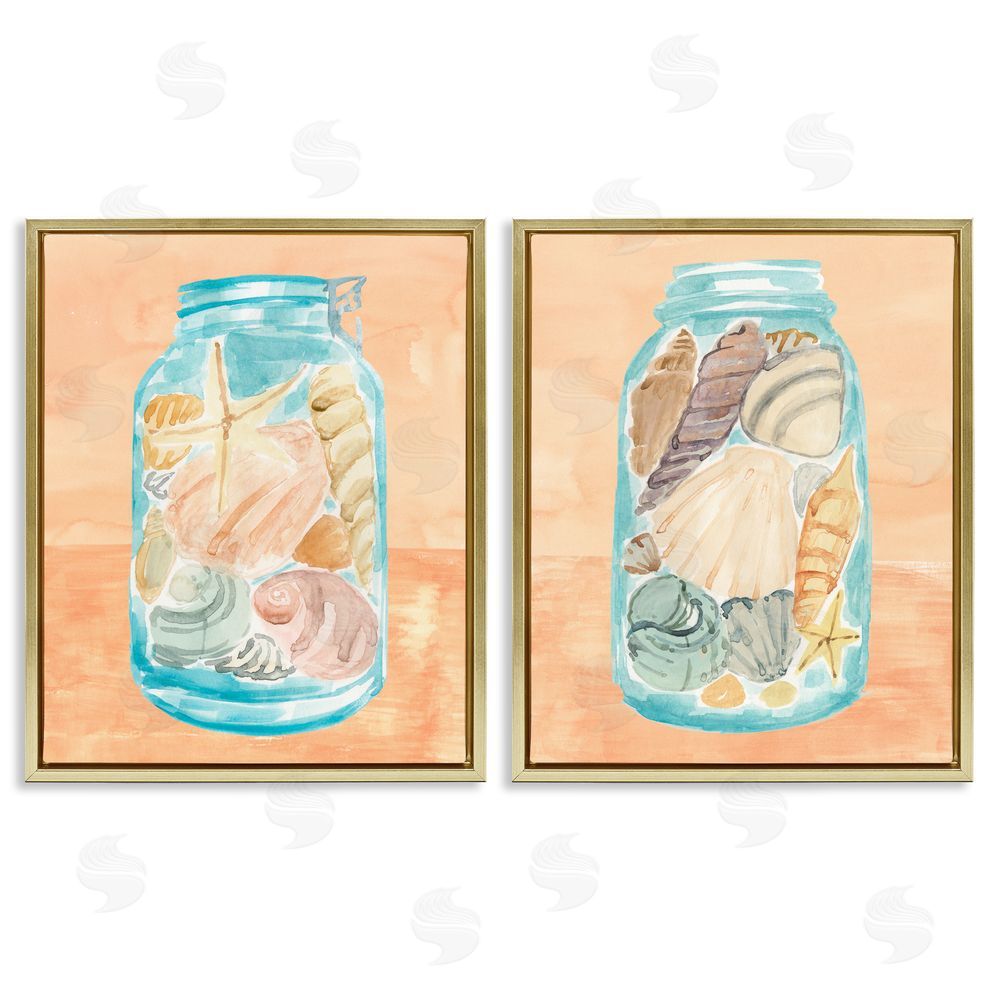 Annie Warren Beach Shells In Jar Painting Gold Floating Frame Canvas Wall Art Print